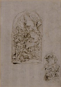 Náčrtky pro oltář se svatou Markétou z Cortony, svatým Šebestiánem a svatým Rochem (recto); dva náčrtky pro oltář (verso) od Giovanni Battista Piazzetta