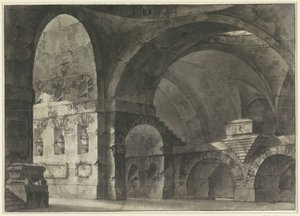 Interiér velké antické budovy s valenými klenbami a kopulovou spodní konstrukcí od Giovanni Battista Piranesi (attributed to)