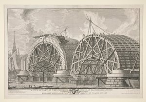 Pohled na část zamýšleného mostu v Blackfriars, Londýn, v srpnu MDCCLXIIII od Roberta Mylne, architekta, vyryto Piranesi v Římě od Giovanni Battista Piranesi