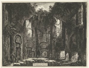 Akademie v de Villa Adriana t a Tivoli Dieta, nebo obojí Místo, které umožňuje vstup do několika grandiózních kójí a do dalších nádherných pokojů, existujících ve vile Adrian (...) (název na objektu) Gezichten op Rome (název série) Pohledy na Řím kreslené  od Giovanni Battista Piranesi