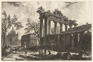 Altra Veduta degli avanzi del Pronao del Tempio del Concordia (Další pohled na zbytky Pronaos z Chrámu Svornosti [Saturnova chrámu s obloukem Septimia Severa v levém pozadí]), z Vedute di Roma (Pohledy na Řím) od Giovanni Battista Piranesi