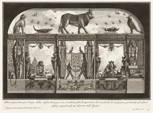 Další průřez téže dílny, kde je vidět nesmírnou pyramidu mezi otvory vestibulu, z Různorodého způsobu zdobení cest od Giovanni Battista Piranesi