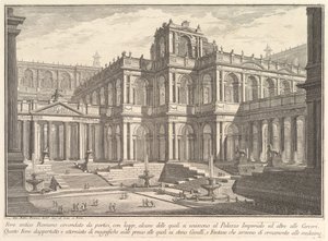 Starověké římské fórum obklopené portiky, s lodžiemi, z nichž některé komunikují s..., ca. 1750. od Giovanni Battista Piranesi