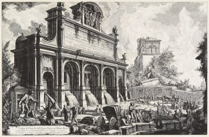 Pohled na Castello dell’Acqua Paola na Monte Aureo (Gianicolo) od Giovanni Battista Piranesi
