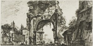 Drusův oblouk na Porta S. Sebastiano v Římě, deska 8 z některých pohledů na triumfální oblouky a další památky od Giovanni Battista Piranesi