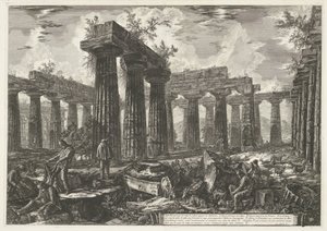 Basilica di Paestum v Paestum Autre vue interiér des restes du Collège supposé des Anfictions (název na objektu) Různé pohledy na zbytky tří velkých budov, které stále stojí v Paestum (název série) Differentes vues de quelques od Giovanni Battista Piranesi