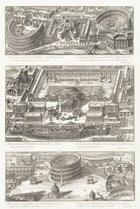 Pohledy z ptačí perspektivy na: divadla Balbo a Marcello, Pantheon a okolní oblast a amfiteátr Statilio Tauro od Giovanni Battista Piranesi