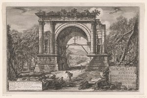 Boog van Augustus te Aosta Pohled na oblouk postavený na počest Augusta poblíž města Aosta v Piemontu, dříve Augusta Praetoria Salassorum (název na objektu) Enige gezichten op door Romeinen gebouwde triomfbogen en andere monumenten (série od Giovanni Battista Piranesi