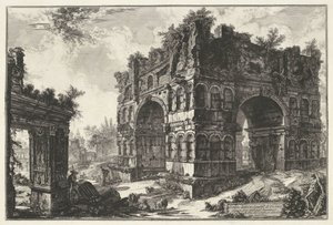 Boog van Janus en de Boog van de geldwisselaars te Rome Chrám s názvem volgarm.te di Giano (název na objektu) Gezichten op Rome (název série) Pohledy na Řím navržený a vyrytý architektem Giambattista Piranesi Ve (nez) iano (název série) od Giovanni Battista Piranesi