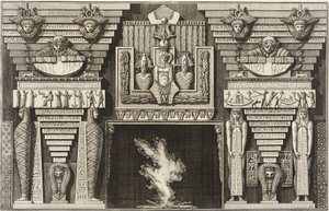 Krb v egyptském stylu: dvě mumie z profilu vlevo a dvě postavy nesoucí obelisky vpravo. od Giovanni Battista Piranesi