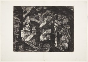 Složité skupiny vzájemně propojených zničených oblouků podpírajících trámy a lana od Giovanni Battista Piranesi