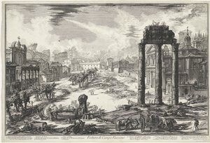 Forum Romanum te Rome Pohled na Campo Vaccino (název na objektu) Gezichten op Rome (název série) Pohledy na Řím navržený a vyrytý architektem Giambattista Piranesi Ve (nez) iano (název série) od Giovanni Battista Piranesi