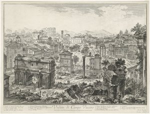 Forum Romanum te Rome Pohled na Campo Vaccino (název na objektu) Gezichten op Rome (název série) Pohledy na Řím navržený a vyrytý architektem Giambattista Piranesi Ve (nez) iano (název série) od Giovanni Battista Piranesi