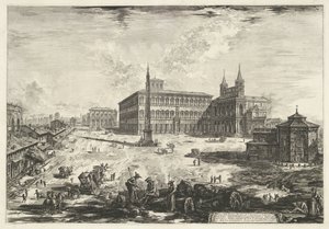Gezicht op het Lateraan te Rome se setkal s de Sint-Jan van Lateranen Pohled na náměstí Piazza a bazilika S. Giovanni in Laterano (název na objektu) Gezichten op Rome (název série) Pohledy na Řím navrhl a vyryl Giambattista Piranesi architekt Ve (nez) ian od Giovanni Battista Piranesi