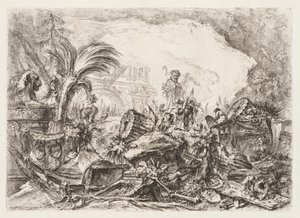 Groteschi: Ruiny se sochou fauna a spadlým sloupem od Giovanni Battista Piranesi