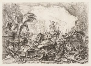 Groteschi: Ruiny se sochou fauna a padlým sloupem, ca. 1745-50. od Giovanni Battista Piranesi