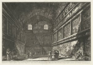 Interieur van Church of Sant’Urbano te Rome Vnitřní pohled na starověký Bakchův chrám, dnes kostel S. Urbano dvě míle od Říma mimo Porta S. Sebastiano (název na objektu) Gezichten op Rome (název série) Pohledy na Řím zakresleny a dovnitř od Giovanni Battista Piranesi