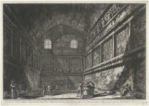Interieur van Church of Sant’Urbano te Rome Vnitřní pohled na starověký Bakchův chrám v dnešním kostele S. Urbano dvě míle od Říma mimo Porta S. Sebastiano (název na objektu) Gezichten op Rome (název série) Pohledy na Řím zakresleny a dovnitř od Giovanni Battista Piranesi
