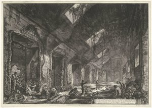 Interieur van de Heliocaminus Baden v de Villa Adriana t a Tivoli Pohledy na Helio-krb pro život v zimě, který byl vyhříván Sluncem, které bylo zavedeno přes okna (nadpis na objektu) Gezichten op Rome (název série) Pohledy na Řím diseg od Giovanni Battista Piranesi