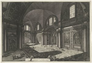 Interieur van de Santa Maria degli Angeli e dei Martiri te Řím Vnitřní pohled na kostel Madonna degli Anioli della della Certosa, který byl starobylý a byl hlavním sálem Diokleciánových lázní (název na objektu) Gezichten op Rome (název série) od Giovanni Battista Piranesi