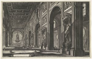 Interieur van de Sint-Jan van Lateranen te Rome Vnitřní pohled na baziliku S. Giovanni Laterano (titul na objektu) Gezichten op Rome (název série) Pohledy na Řím navržený a vyrytý architektem Giambattista Piranesi Ve (nez) iano (název série) od Giovanni Battista Piranesi