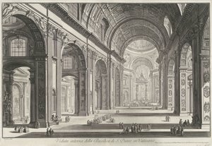 Interieur van de Sint-Pietersbasiliek te Vaticaanstad Vnitřní pohled na baziliku svatého Petra ve Vatikánu (titul na objektu) Gezichten op Rome (název série) Pohledy na Řím navrhl a vyryl architekt Giambattista Piranesi Ve (nez) iano (série ti od Giovanni Battista Piranesi