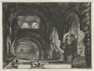 Interieur van de Tempel van Hercules Victor t a Tivoli Vnitřní pohled na Villa di Mecenate (název na objektu) Gezichten op Rome (název série) Pohledy na Řím navržený a vyrytý architektem Giambattista Piranesi Ve (nez) iano (název série) od Giovanni Battista Piranesi