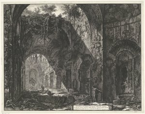 Interieur van de Tempel van de god Canopus v de Villa Adriana ta Tivoli Interiér chrámu Canopus ve vile Adriana (název na objektu) Gezichten op Rome (název série) Pohledy na Řím navrhl a vyryl Giambattista Piranesi architekt Ve (ne od Giovanni-Battista Piranesi