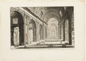 Pohled na interiér baziliky svatého Petra ve Vatikánu z knihy Pohledy na Řím od Giovanni Battista Piranesi