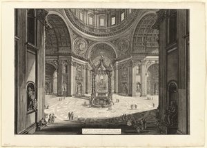 Pohled do interiéru baziliky svatého Petra ve Vatikánu, poblíž tribuny, z Pohledů na Řím od Giovanni Battista Piranesi