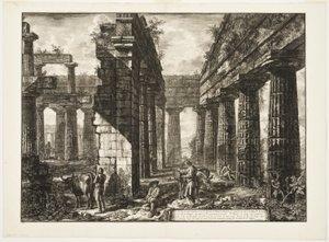 Vnitřní pohled na pozůstatky jednoho z pronaoi Neptunova chrámu, který směřuje do vnitrozemí, z různých pohledů na Paestum od Giovanni Battista Piranesi