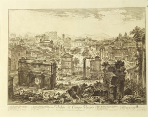 Itálie, Řím, pohled na Campo Vaccino (Forum Romanum) s obloukem Septimia Severa (rytina) od Giovanni Battista Piranesi