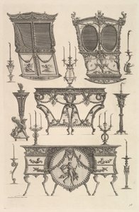 Různý nábytek včetně dvou sedanových židlí, odkládacího stolku a komody Deux c..., ca. 1769. od Giovanni Battista Piranesi