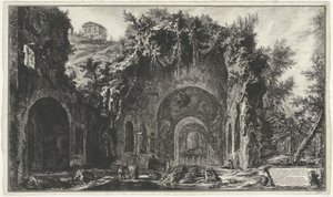 Nymphaeum van Egeria v Římě Pohled na zdroj a egyptské jeskyně mimo Porta Capena nebo di S. Seb.n (...) (titul na objektu) Gezichten op Rome (název série) Pohledy na Řím navrhl a vyryl Giambattista Piranesi architekt Ve (nez) ian od Giovanni Battista Piranesi