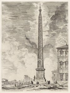 Egyptský obelisk. Ten byl vztyčen papežem Sixtem V. na Piazza di S. Gio. Laterano, z Vedute di Roma (Pohledy na Řím) od Giovanni Battista Piranesi