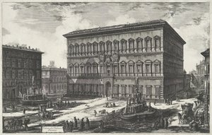 Palazzo Farnese v Římě Pohled na Palazzo Farnese (název na objektu) Gezichten op Rome (název série) Pohledy na Řím navržený a vyrytý architektem Giambattista Piranesi Ve (nez) iano (název série) od Giovanni Battista Piranesi