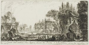 Část starověké Appian Way asi tři míle od Porta S. Sebastiano, deska 19 z Some Views of Triumphal Arches a dalších památek od Giovanni Battista Piranesi