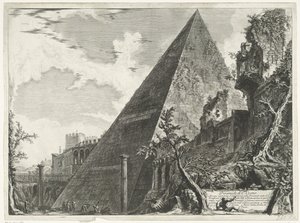 Piramide van Cestius te Rome Pyramida C. Cestio (název na objektu) Gezichten op Rome (název série) Pohledy na Řím navržený a vyrytý architektem Giambattista Piranesi Ve (nez) iano (název série) od Giovanni Battista Piranesi