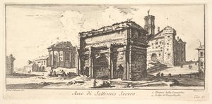 Deska 13: Oblouk Septimia Severa 1. Chrám Svornosti. 2. Výstup na Kapitol ..., ca. 1748. od Giovanni Battista Piranesi