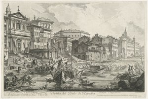 Přístav Ripetta te Rome Pohled na přístav Ripetta (název na objektu) Gezichten op Rome (název série) Pohledy na Řím navržený a vyrytý architektem Giambattista Piranesi Ve (nez) iano (název série) od Giovanni Battista Piranesi