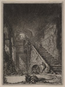 Perspektiva schodiště vodní nádrže již zmíněných ubytovacích prostor, označených v půdorysu na tabuli XIII písmenem G. od Giovanni Battista Piranesi