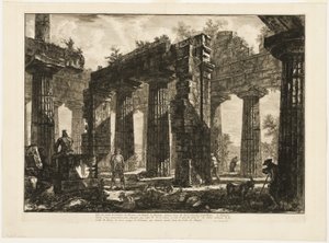 Zadní pohled na pozůstatky pronaos Neptunova chrámu, nakreslené na dvou předchozích deskách, z různých pohledů na Paestum od Giovanni Battista Piranesi
