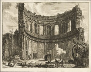 Pozůstatky takzvaného Apollónova chrámu v Hadriánově vile v Tivoli z Pohledů na Řím od Giovanni Battista Piranesi