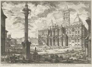 Santa Maria Maggiore te Rome Pohled na baziliku Santa Maria Maggiore se dvěma bočními továrnami zmíněné baziliky (název na objektu) Gezichten op Rome (název série) Pohledy na Řím navrhl a vyryl Giambattista Piranesi architekt Ve (nez) ia od Giovanni Battista Piranesi