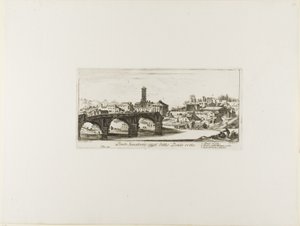 Senátorský most, dnes nazývaný Ponte Rotto [Zlomený most]. 1. Vestin chrám. 2. Chrám Fortuny Virilis. 3. Část antického Palatinu, deska 14 z knihy Některé pohledy na vítězné oblouky a jiné památky. od Giovanni Battista Piranesi