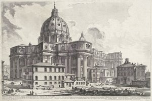 Sint-Pietersbasiliek vanaf Náměstí sakristie Pohled na exteriér velké baziliky svatého Petra ve Vatikánu (titul na objektu) Gezichten op Rome (název série) Pohledy na Řím navrhl a vyryl Giambattista Piranesi architekt Ve (nez) iano (ser od Giovanni Battista Piranesi