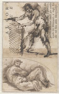 Studie stojící mužské postavy měřící podstavec (a). Studie podle Michelangelova Il Giorno (b) od Giovanni Battista Piranesi
