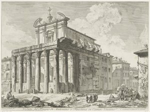 Tempel van Antoninus en Faustina te Rome Pohled na chrám Antonina a Faustiny v Campo Vaccino (název na objektu) Gezichten op Rome (název série) Pohledy na Řím navržený a vyrytý architektem Giambattista Piranesi Ve (nez) iano (název série) od Giovanni Battista Piranesi