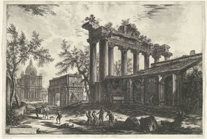 Tempel van Saturnus te Rome Altra Veduta degli avanzi del Pronao del Tempio della Concordia (title on object) Gezichten op Rome (series title) Vedute di Roma disegnate ed incise da Giambattista Piranesi architetto Ve(nez)iano (series title)   1368950   cs  od Giovanni Battista Piranesi