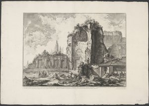 Tempel van Venus en Roma te Rome Pohled na pozůstatky dvou Tricliniů, které patřily Zlatému domu Neronových (...) (název na objektu) Gezichten op Rome (název série) Pohledy na Řím navržený a vyrytý architektem Giambattista Piranesi Ve (nez) iano od Giovanni Battista Piranesi